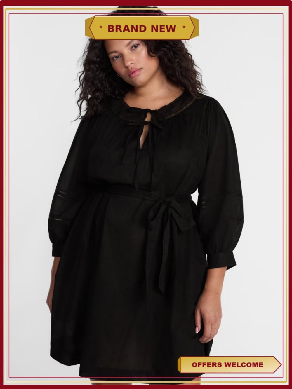 Plus Size Geo Eyelet Cotton Mini Dress with Long Sleeves